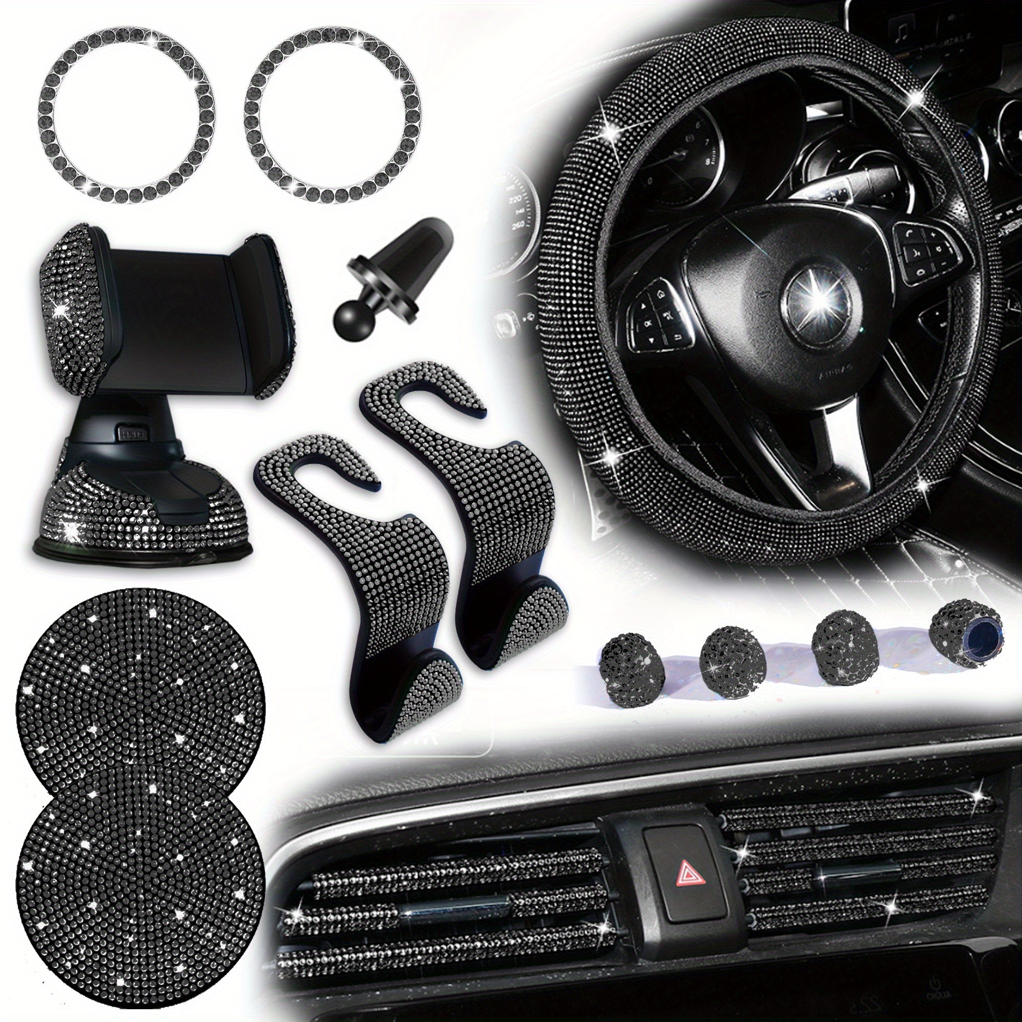 18pcs/set Light Luxury Hot Artificial Diamond Car Interior Set Crystal Steering Wheel Cover Mobile Phone Holder Women Car Interior Accessories