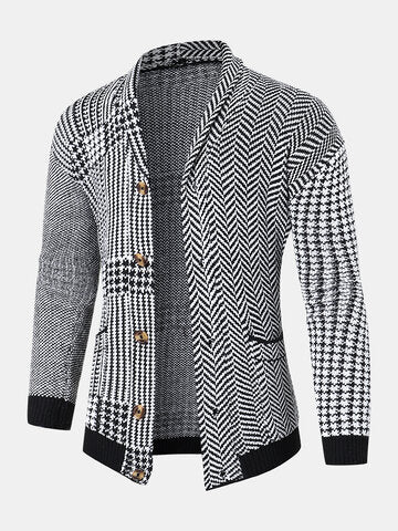 mens houndstooth pattern patchwork lapel button front knit casual cardigans