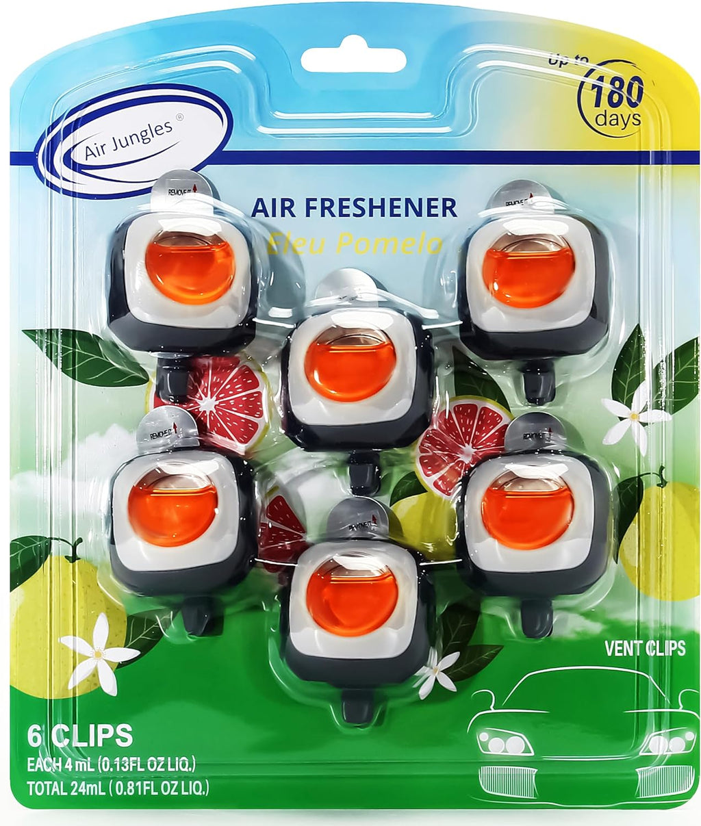 Air Jungles Eleu Pomelo Scent Car Air Freshener Clip, 6 Car Freshener Vent Clips, 4ml Each, Long Lasting Air Freshener for Car, Up to 180 Days Car Refresher Odor Eliminator
