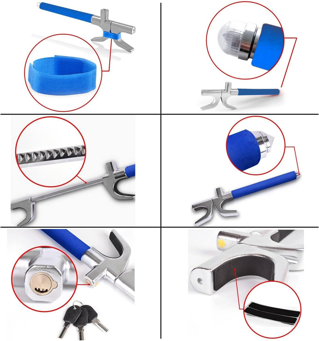 Tevlaphee Steering Wheel Lock Anti Theft Car Device Universal Car Theft Prevention Car Lock Adjustable Length Universal Fit Emergency Hammer Window Breaker Self Defense Heavy Duty Secure(Blue)