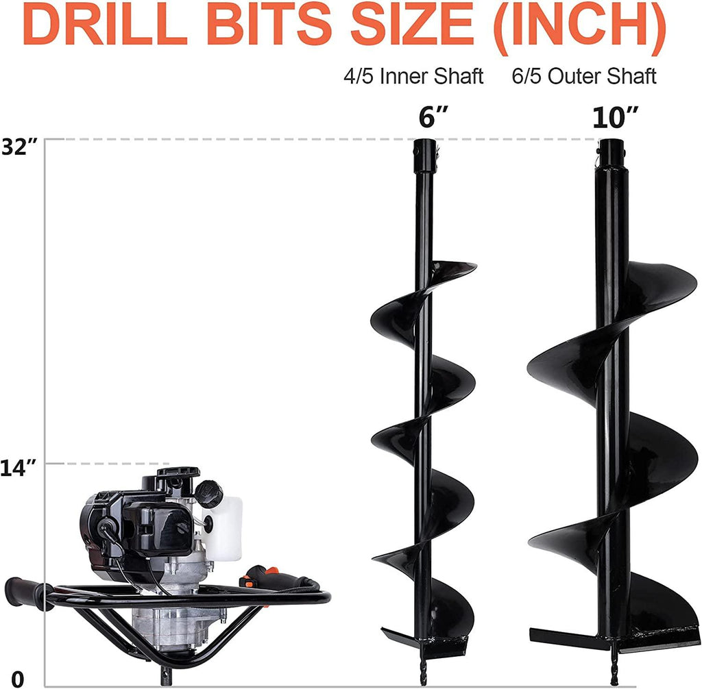DC HOUSE 52cc 2.4HP Gas Powered Post Hole Digger with Two Earth Auger Drill Bit 6" & 10"Earth Digger EPA Compliant | 2 Packages