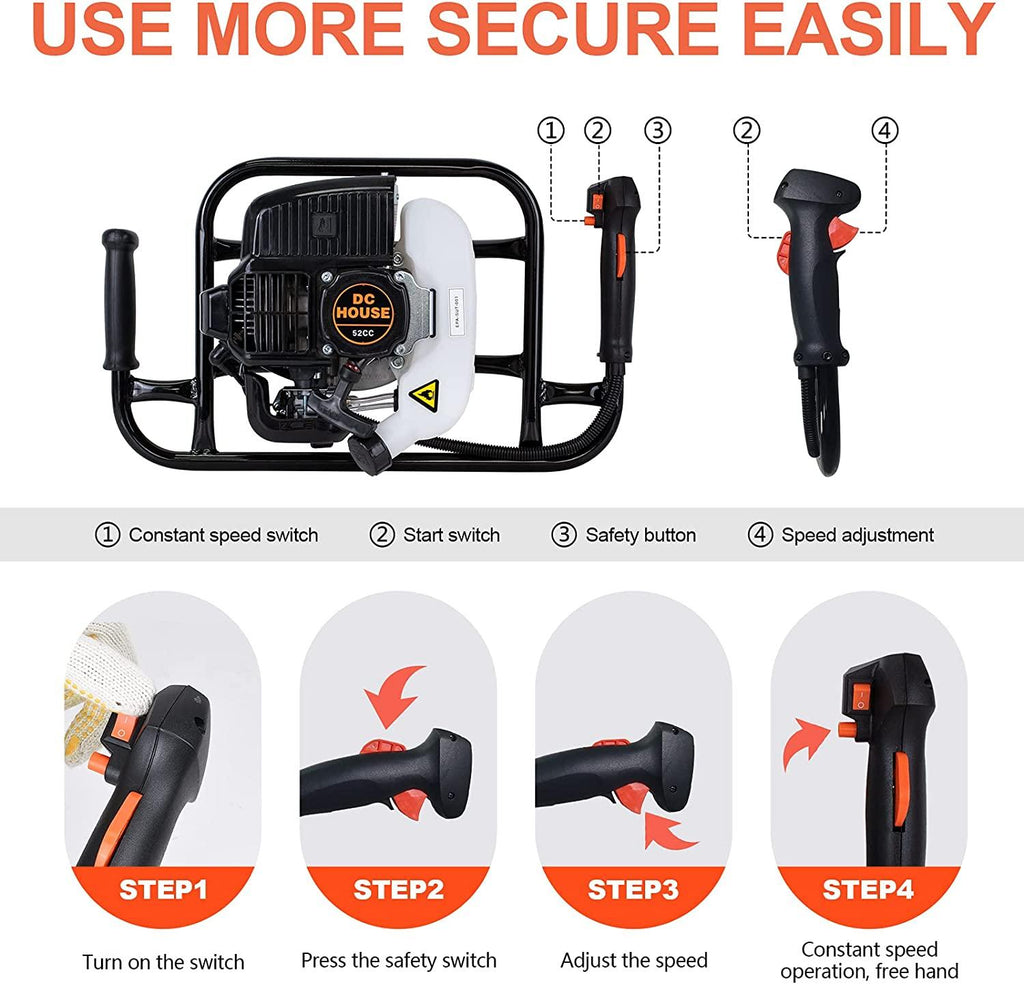 DC HOUSE 52cc 2.4HP Gas Powered Post Hole Digger with Two Earth Auger Drill Bit 6" & 10"Earth Digger EPA Compliant | 2 Packages