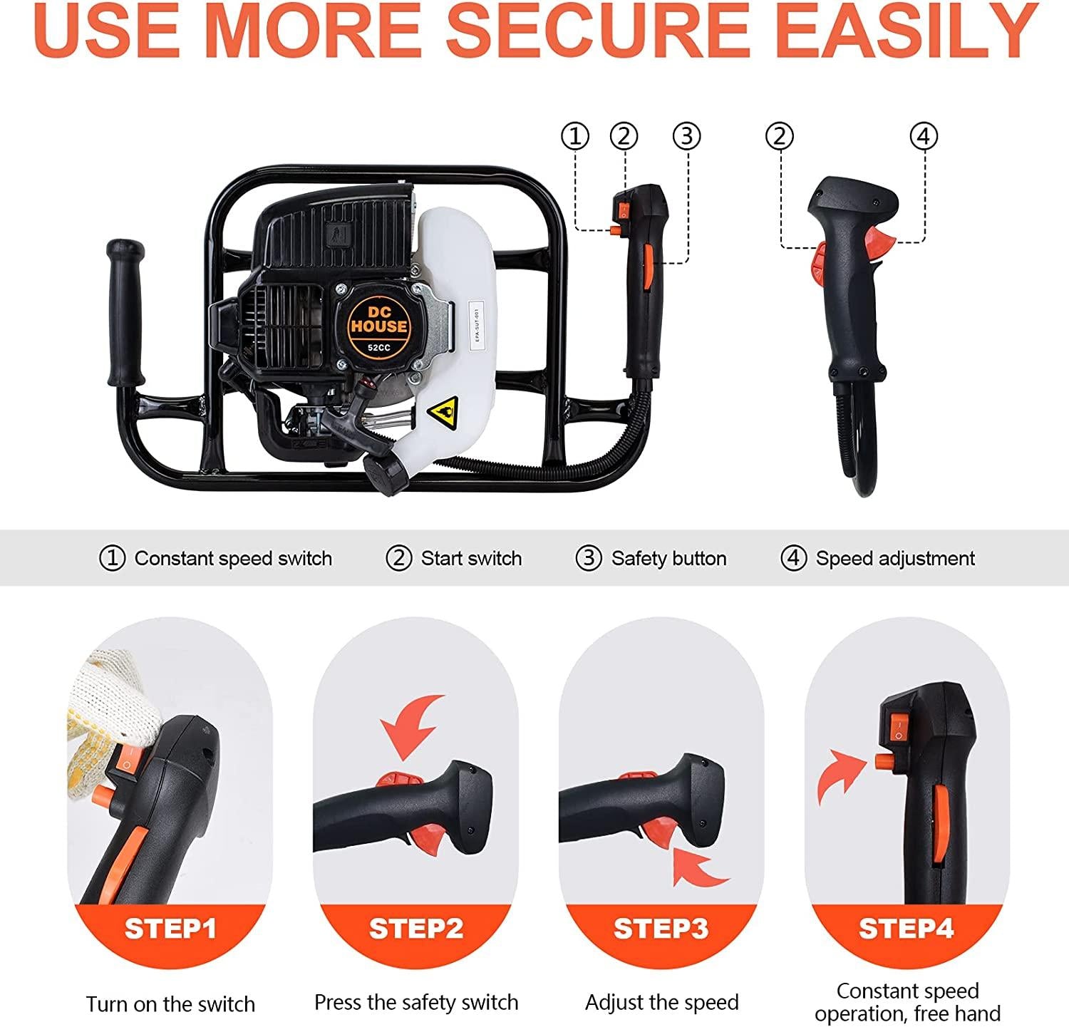 DC HOUSE 52cc 2.4HP Gas Powered Post Hole Digger with Two Earth Auger Drill Bit 6" & 10"Earth Digger EPA Compliant | 2 Packages