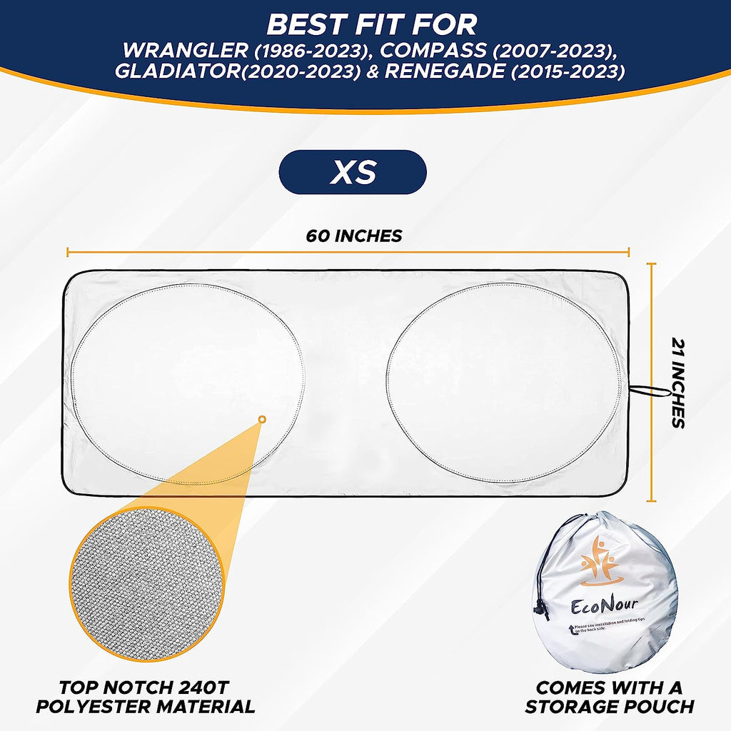 EcoNour Windshield Sunshade for Jeep Wrangler | Sun Visor for UV Rays &amp; Heat Protection | Suitable for Wrangler, Compass, Gladiator &amp; Renegade | Accessories for Jeep Wrangler