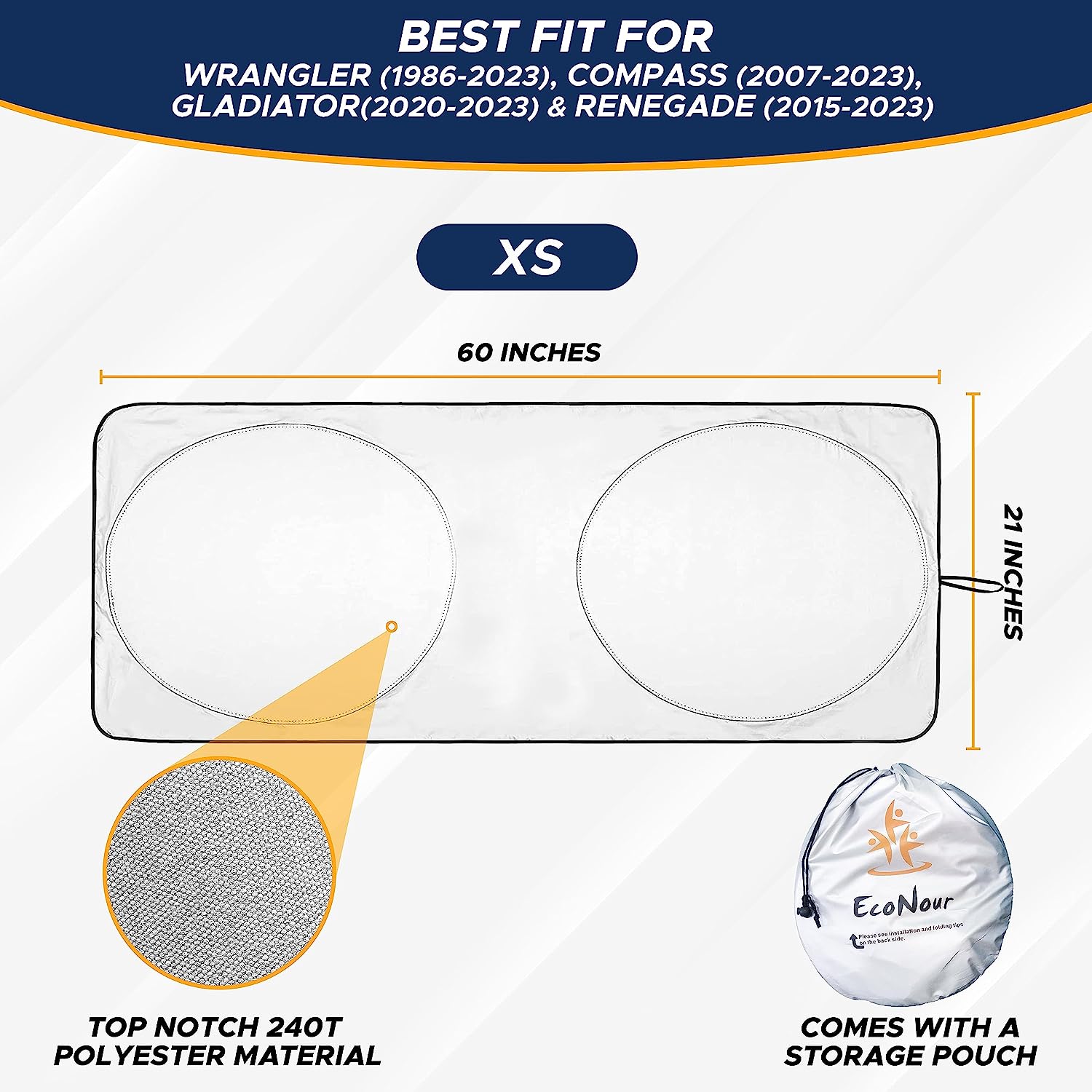 EcoNour Windshield Sunshade for Jeep Wrangler | Sun Visor for UV Rays &amp; Heat Protection | Suitable for Wrangler, Compass, Gladiator &amp; Renegade | Accessories for Jeep Wrangler