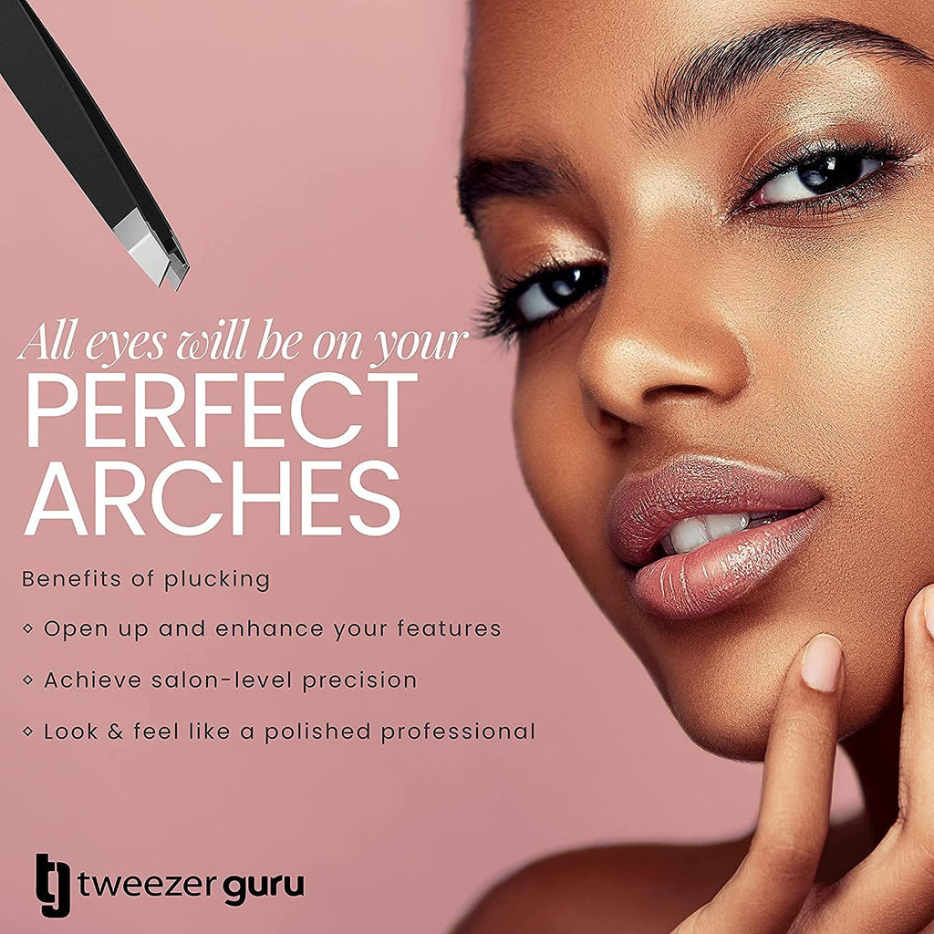 Tweezer Guru Tweezers for Women - 2pc Slant Pointed Precision Tweezers for Eyebrows &amp; Ingrown Hair Removal - Blackhead and Splinter Tweezer with Sharp Needle Nose Point for Plucking (Classic Pink)