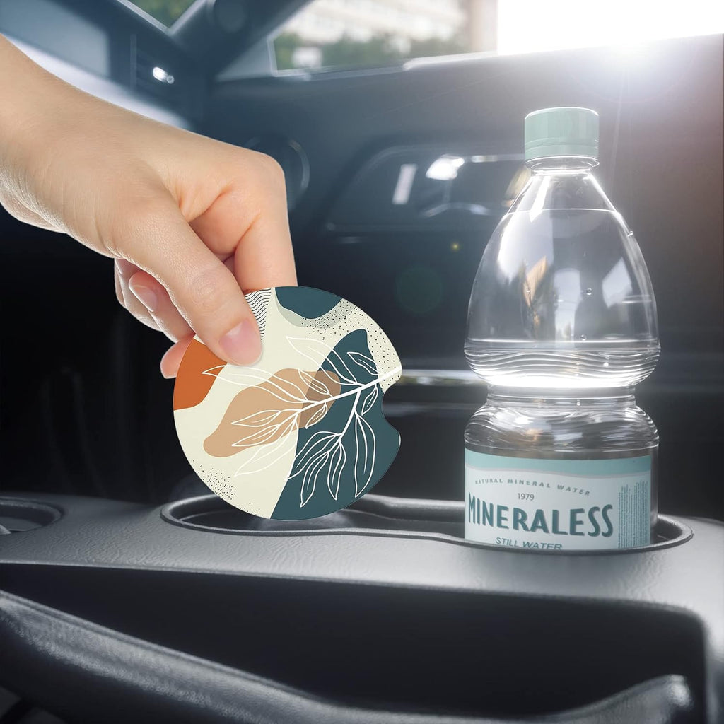 Nipichsha Car Cup Holder Coasters, Car Coasters for Cup Holders, 2 Pack Anti Slip Insert Coasters, Rubber Car Cup Mat with A Finger Notch, Cute Car Interior Accessories for Women (Abstract Boho Leaf)