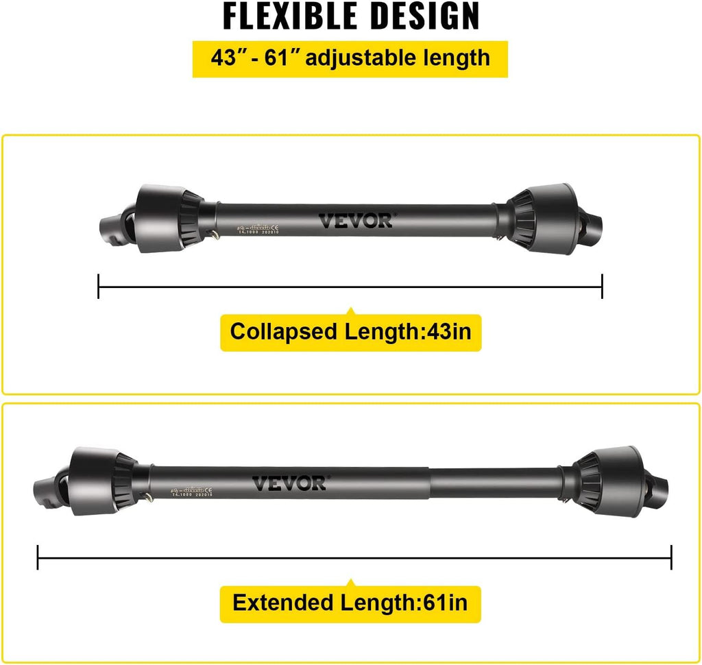 PTO Shaft, 1-3/8" PTO Drive Shaft, 6 Spline Tractor, Round Implement Ends PTO Driveline Shaft, Series 4 Tractor PTO Shaft, 43"-61" Brush Hog PTO Shaft Black, for Finish Mower, Rotary Cutter