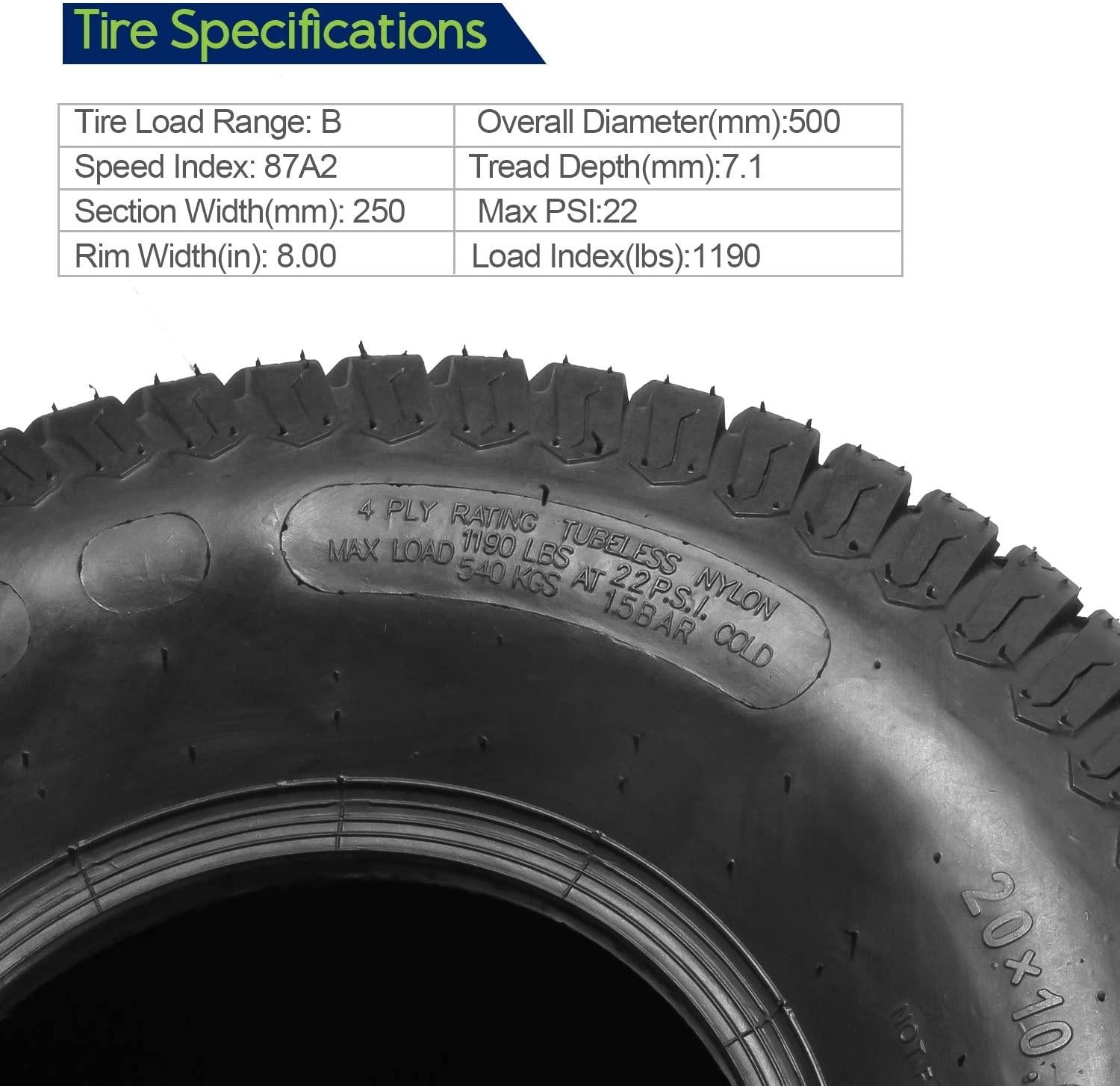 Set of 4 Lawn Mower Turf Tires 15x6-6 Front & 20x10-8 Rear,4PR,Tubeless