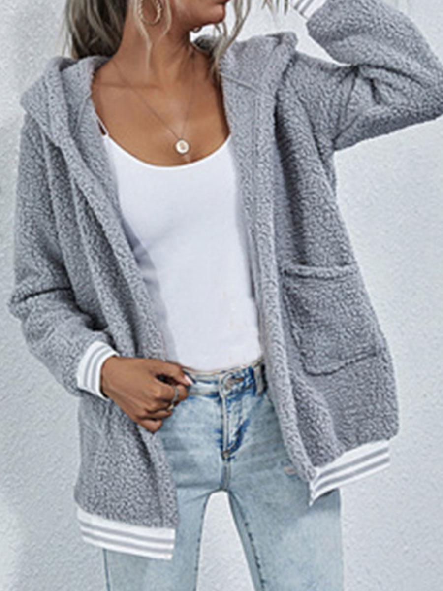 Fashion Striped Stitching Long-sleeved Hooded Plush Casual Coat