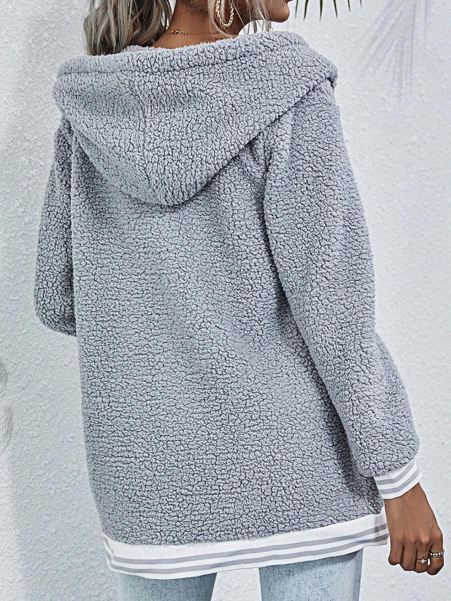 Fashion Striped Stitching Long-sleeved Hooded Plush Casual Coat