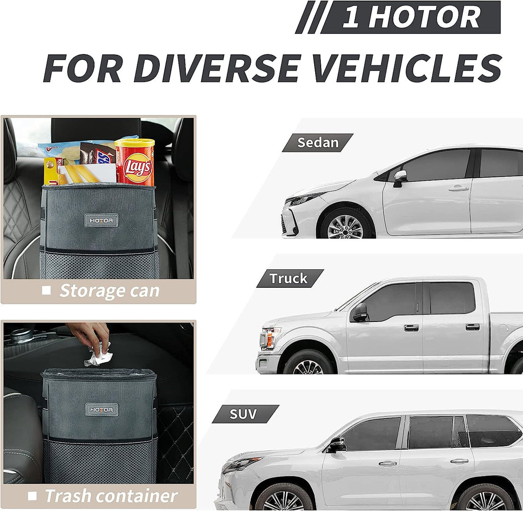 HOTOR Car Trash Can, Multifunctional Car Accessory for Interior Car Stuff Storage with Compact Design, Waterproof Car Organizer and Storage with Adjustable Straps, Magnetic Snaps (Gray)