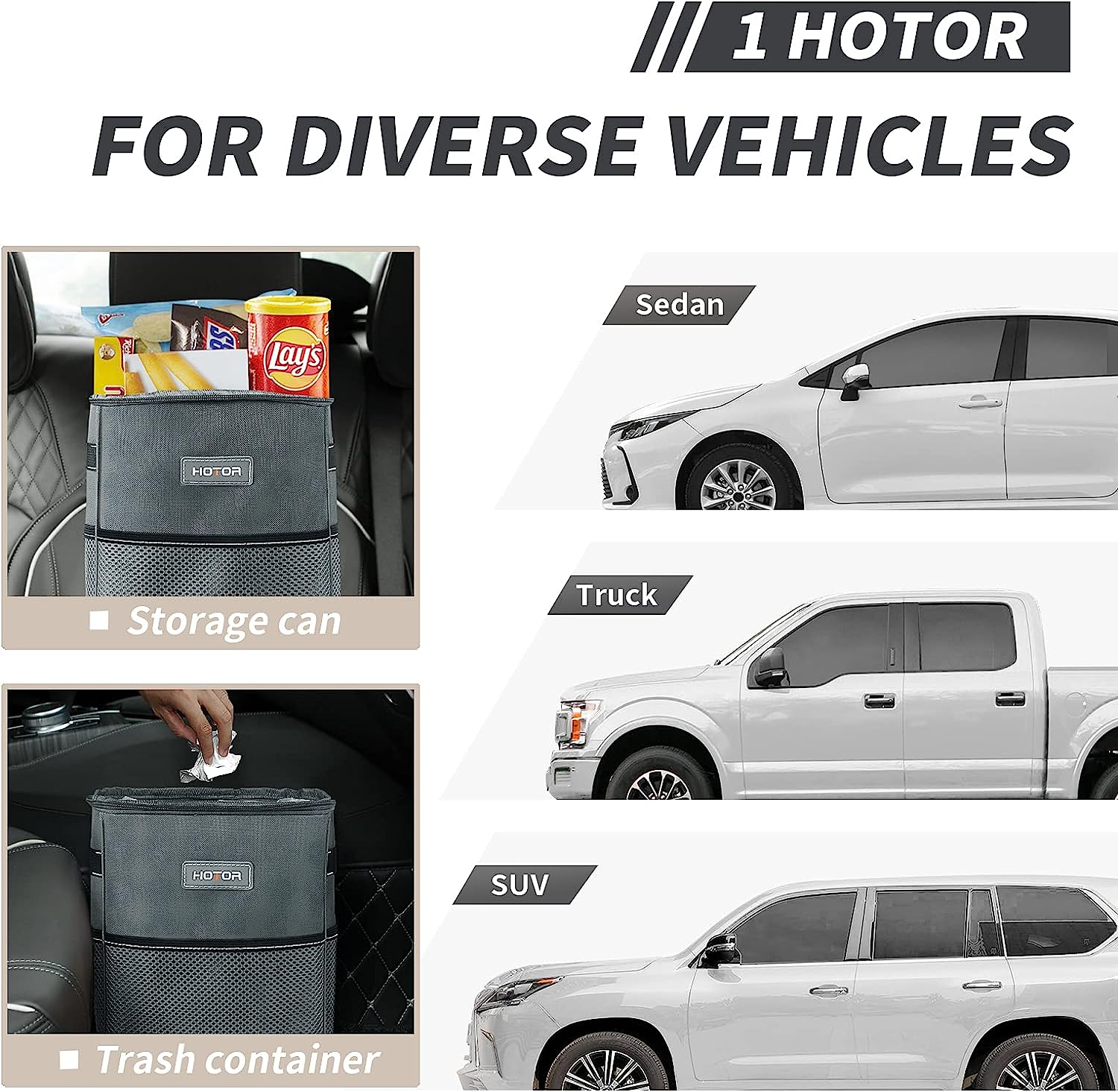 HOTOR Car Trash Can, Multifunctional Car Accessory for Interior Car Stuff Storage with Compact Design, Waterproof Car Organizer and Storage with Adjustable Straps, Magnetic Snaps (Gray)