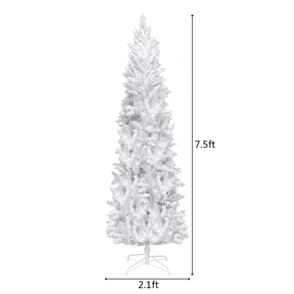 SalonMore 7.5 ft White Artificial Christmas Tree Pencil Pine Slim Skinny Tree with Pre-Lit Lights 1050 Tips