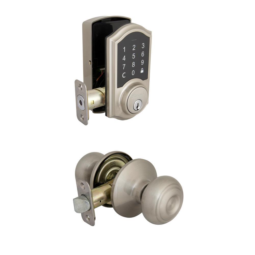 Castle Satin Nickel Electronic Touchpad Single Cylinder Deadbolt with Hartford Knob Combo Pack