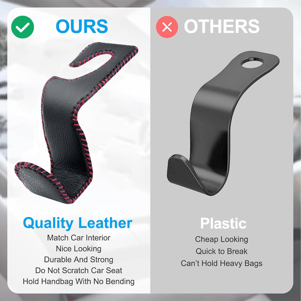 EldHus Seat Hooks for Purses and Bags, 4 Pack Car Purse Holder for Grocery Bag Handbag Clothes, Metal Headrest Hooks Covered by Leather, Black Red
