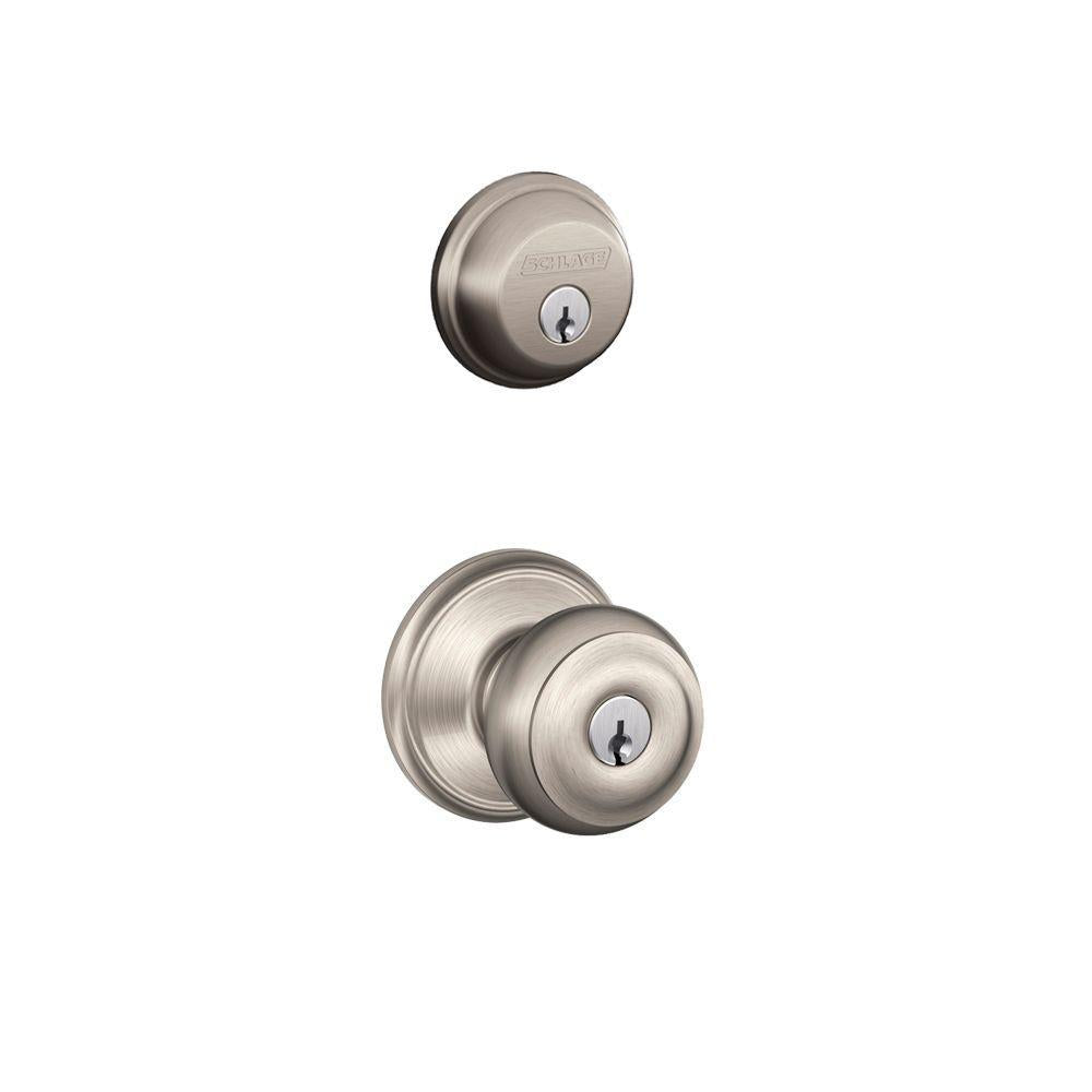Satin Nickel Single Cylinder Deadbolt with Georgian Entry Door Knob Combo Pack