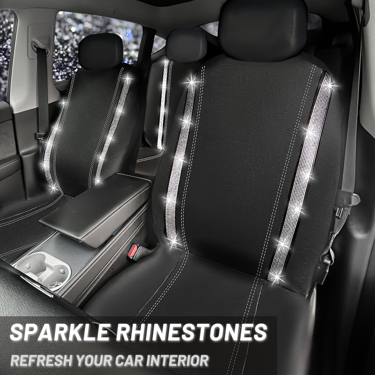 Bling Car Seat Covers Full Set, Shining Rhinestone Waterproof Leather Seat Covers For Women,Universal Fit 95% Automotive, Silver Artificial Diamond