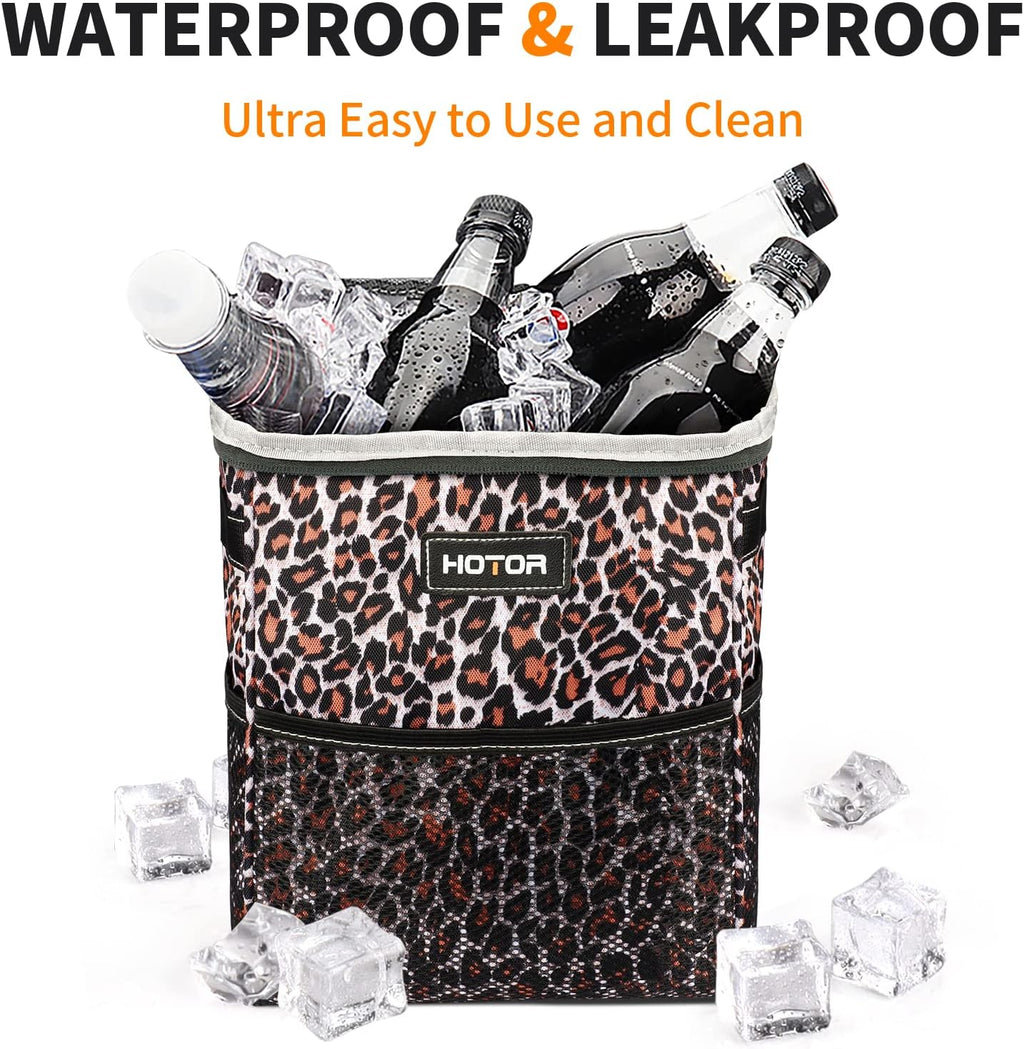 HOTOR Car Trash Can, Multifunctional &amp; Fashionable Car Accessory for Interior Use for Women, Waterproof Car Organizer and Storage Bag with Adjustable Straps, Magnetic Buckles (Leopard-Print Brown)