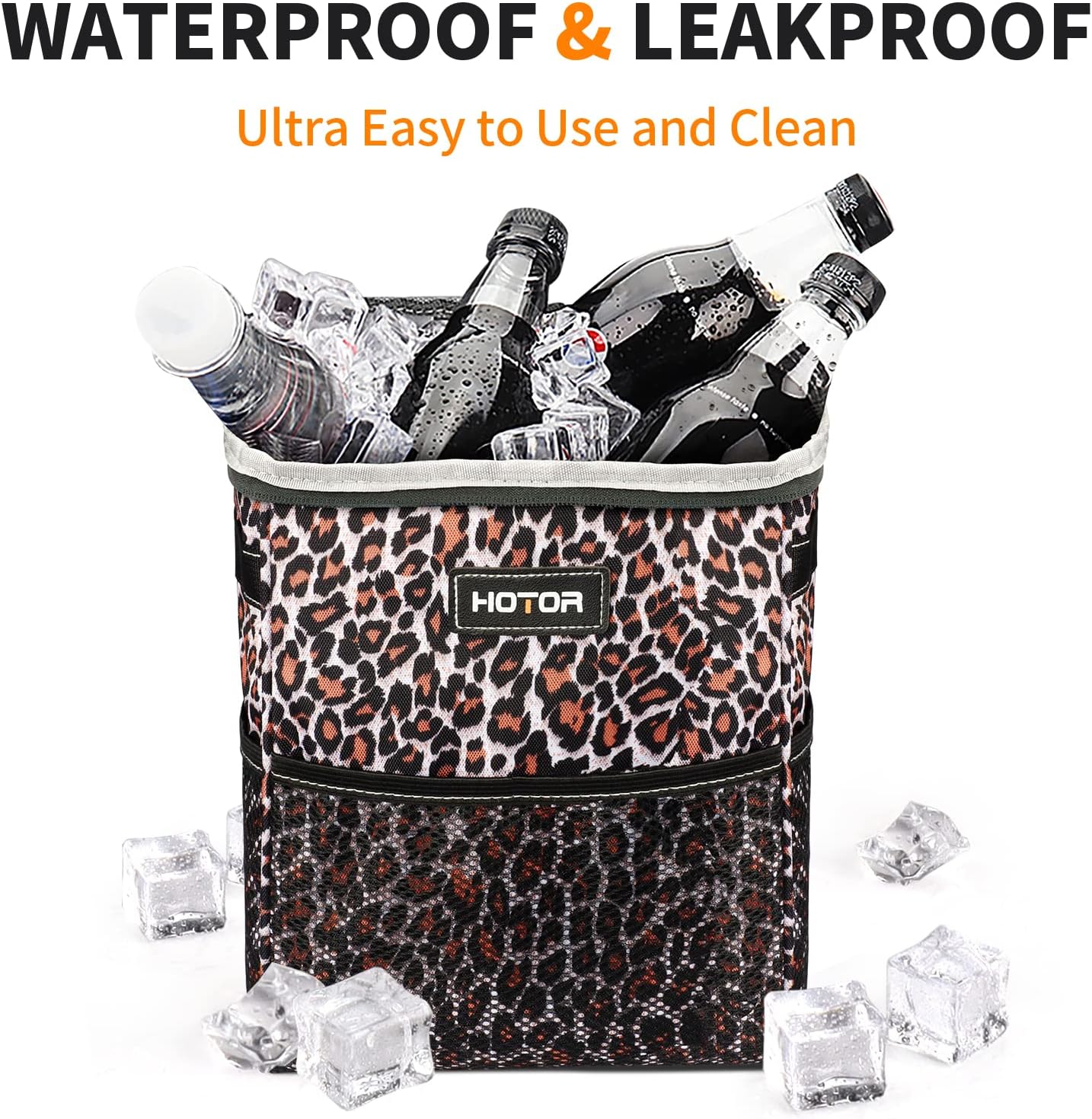 HOTOR Car Trash Can, Multifunctional &amp; Fashionable Car Accessory for Interior Use for Women, Waterproof Car Organizer and Storage Bag with Adjustable Straps, Magnetic Buckles (Leopard-Print Brown)