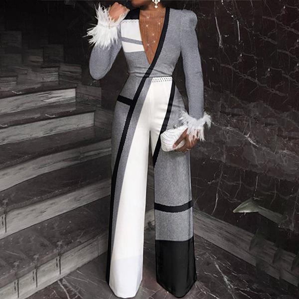 Women's Fashion Geometric Color Block Black And White Gray Stitching High Waist Jumpsuit