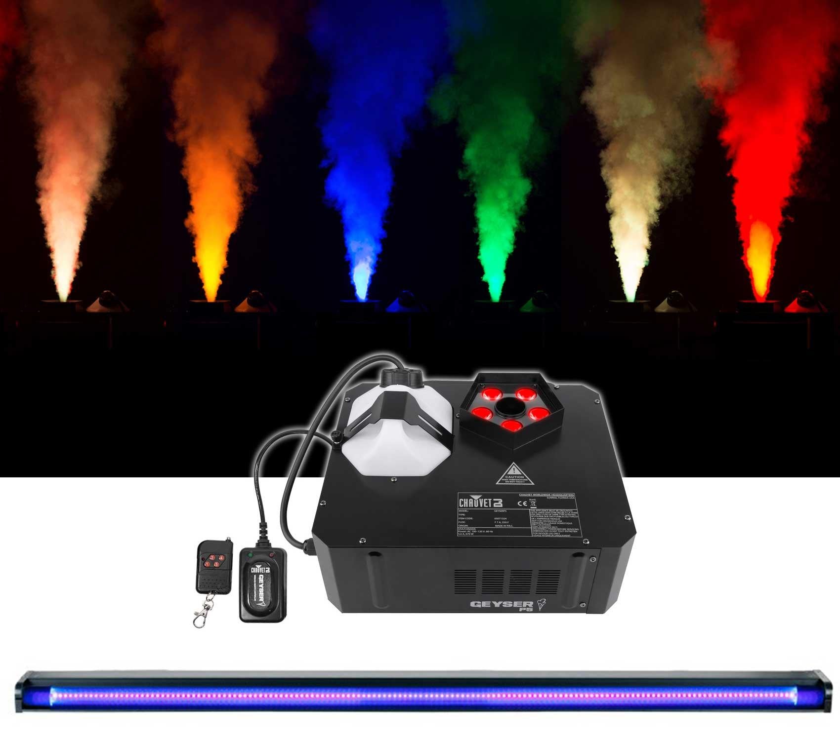 Chauvet DJ GEYSER P5 DMX Fog Machine Fogger, RGBA+UV LED+48" Black Light Strip