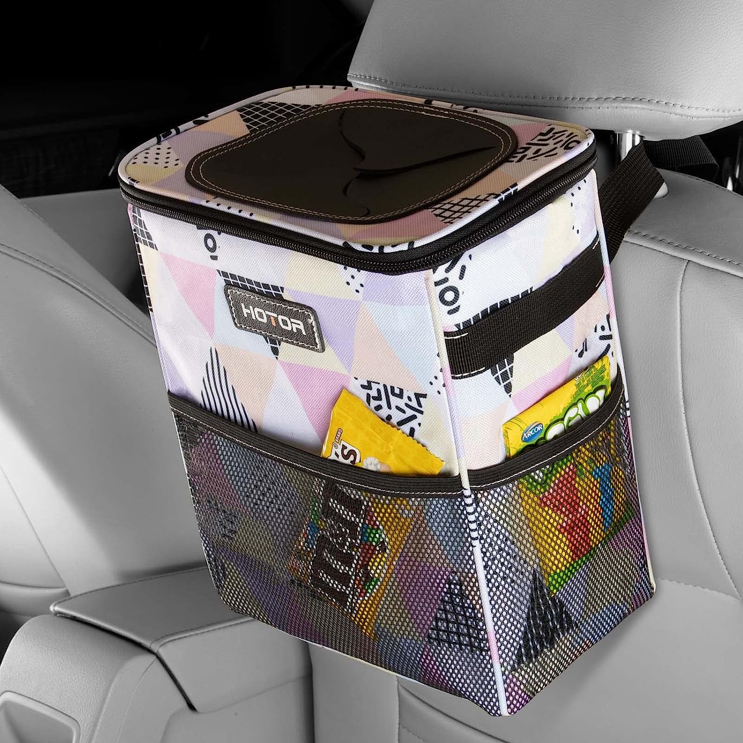 HOTOR Car Trash Can with Lid and Storage Pockets, 100% Leak-Proof Car Organizer, Waterproof Car Garbage Can, Multipurpose Trash Bin for Car - Triangle