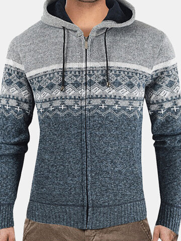 mens ethnic style knitted woolen zipper drawstring hooded sweater cardigan