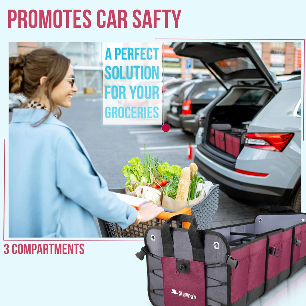 Starling's Car Trunk Organizer - Durable Storage SUV Cargo Organizer Adjustable (Bordeaux, 3 Compartments)
