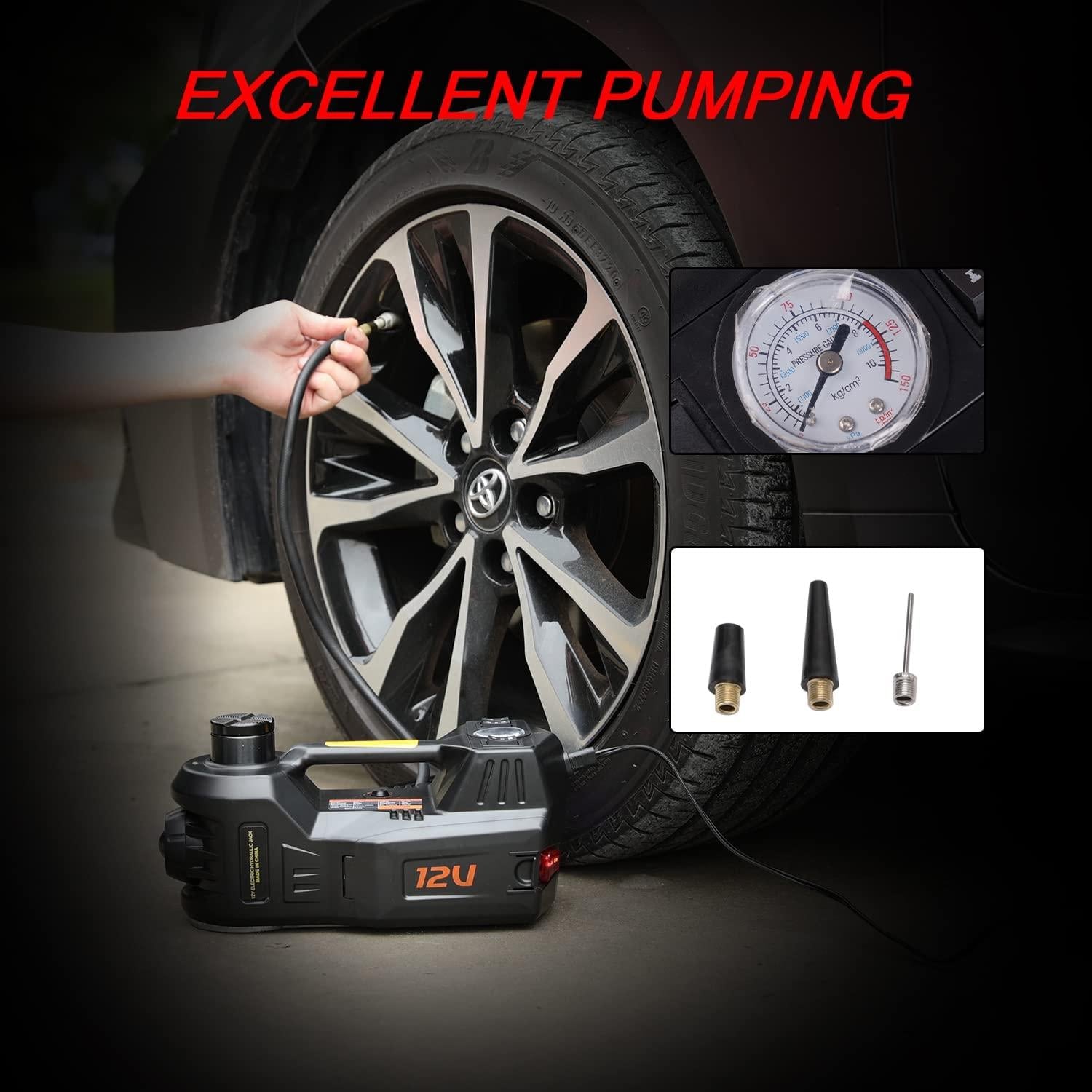 ROGTZ Electric Car Jack with Tire Inflatable Pump, 5 Ton 12V Car Jack Hydraulic Jack for SUV Sedans, Electric Car Lift Floor Jack for Tire Chanwith LED Light (Black)