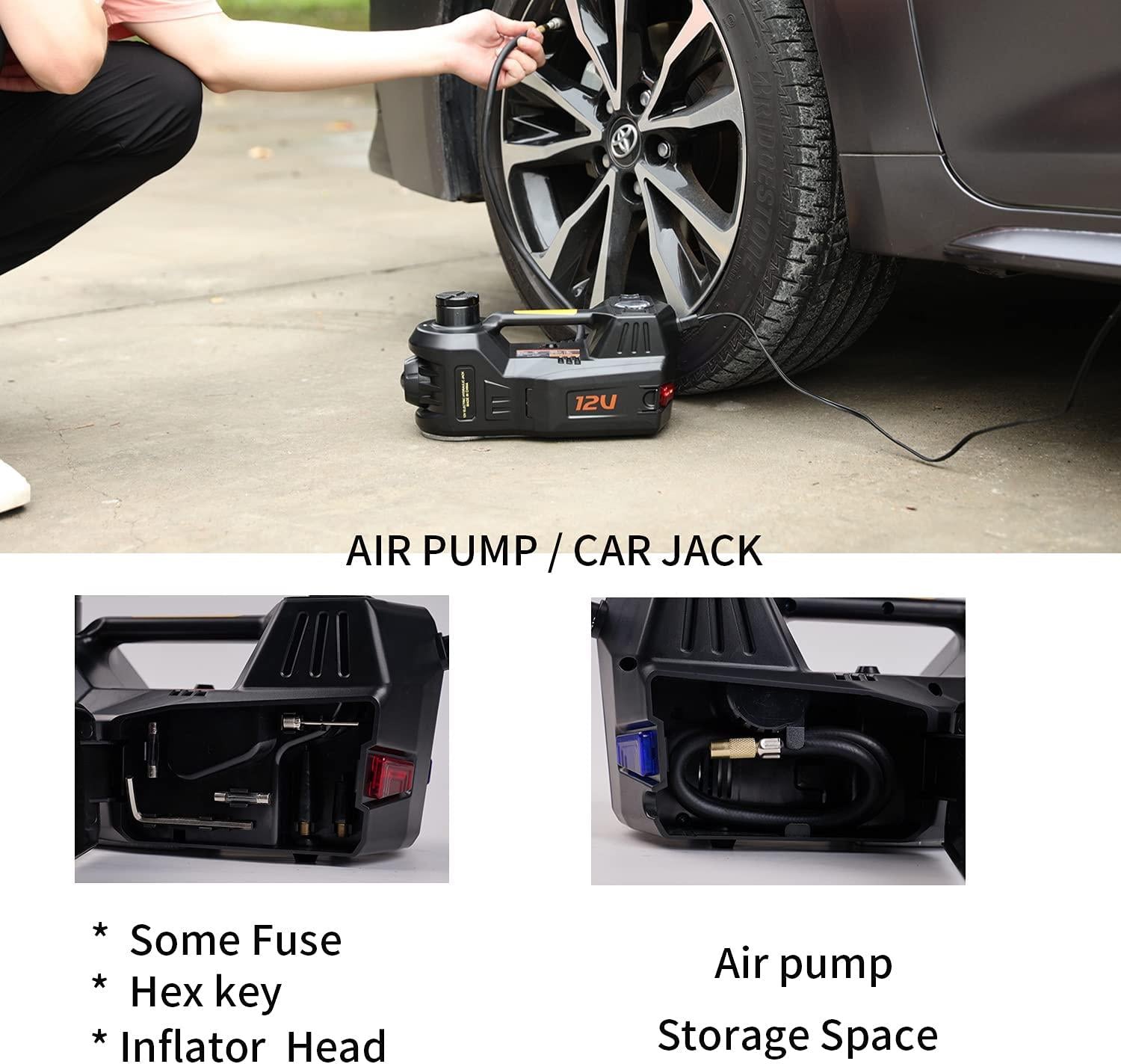 ROGTZ Electric Car Jack with Tire Inflatable Pump, 5 Ton 12V Car Jack Hydraulic Jack for SUV Sedans, Electric Car Lift Floor Jack for Tire Chanwith LED Light (Black)