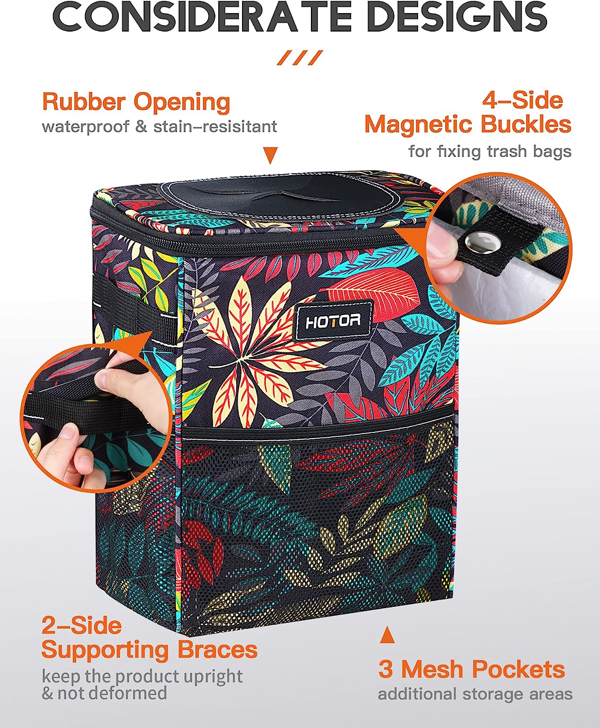 HOTOR Car Trash Can, Multifunctional &amp; Fashionable Car Accessory for Interior Use, Waterproof &amp; Leakproof Car Organizer and Storage Bag with Adjustable Straps, Magnetic Buckles (Colorful Leaves)