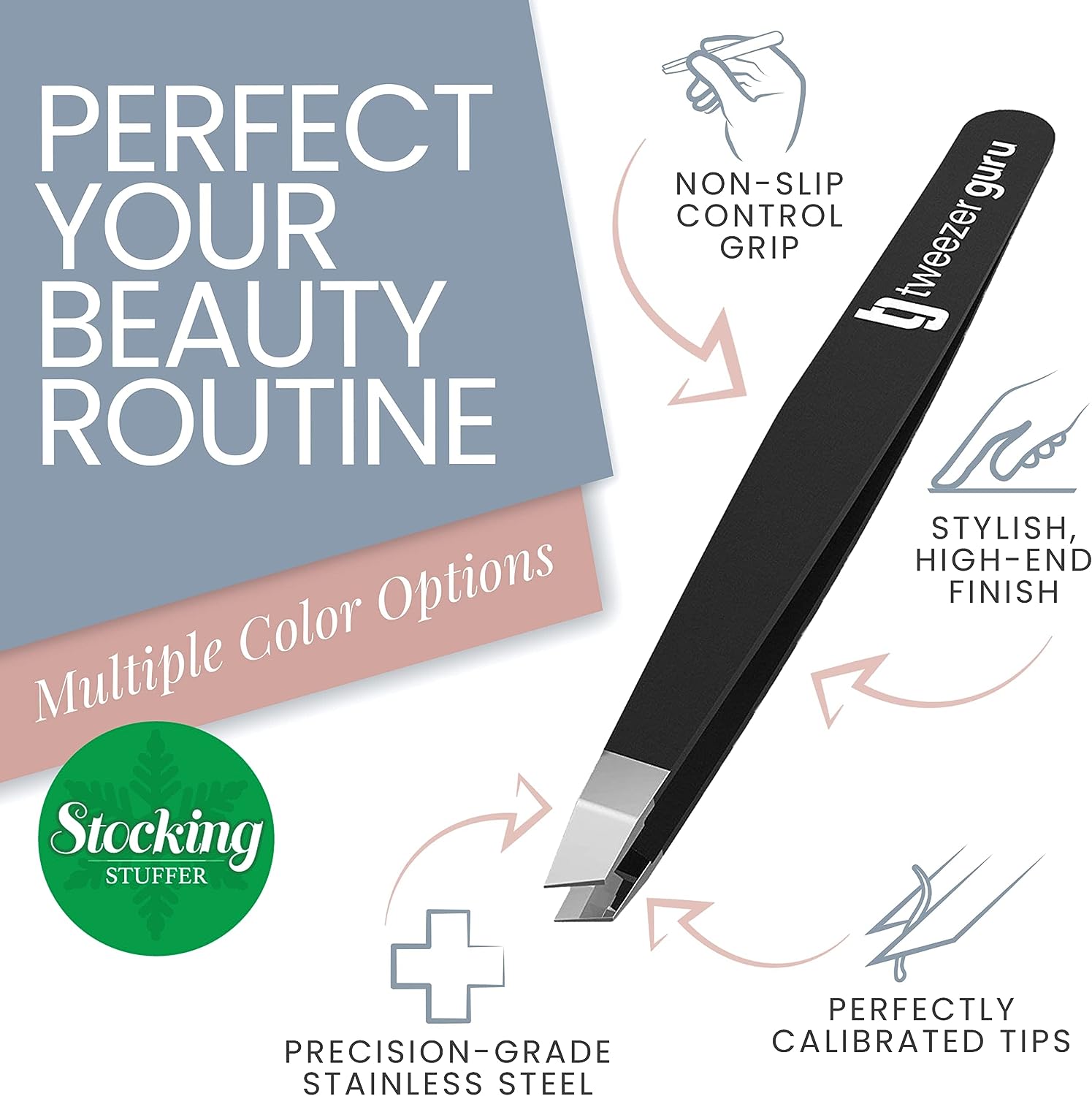 Tweezer Guru Tweezers for Women - Slant Pointed Precision Tweezers for Eyebrows &amp; Ingrown Hair Removal - Blackhead and Splinter Tweezer with Sharp Needle Nose Point for Plucking (Black)