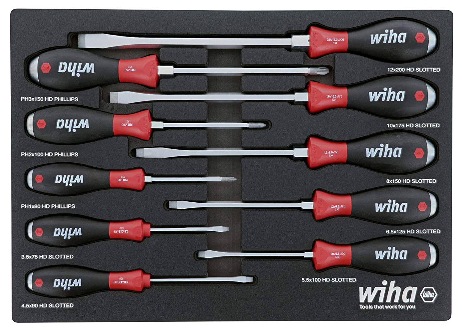 Wiha 53180 | 10 Piece Extra Heavy Duty SoftFinish Cushion Grip Screwdriver Tray Set