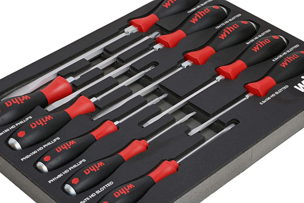 Wiha 53180 | 10 Piece Extra Heavy Duty SoftFinish Cushion Grip Screwdriver Tray Set