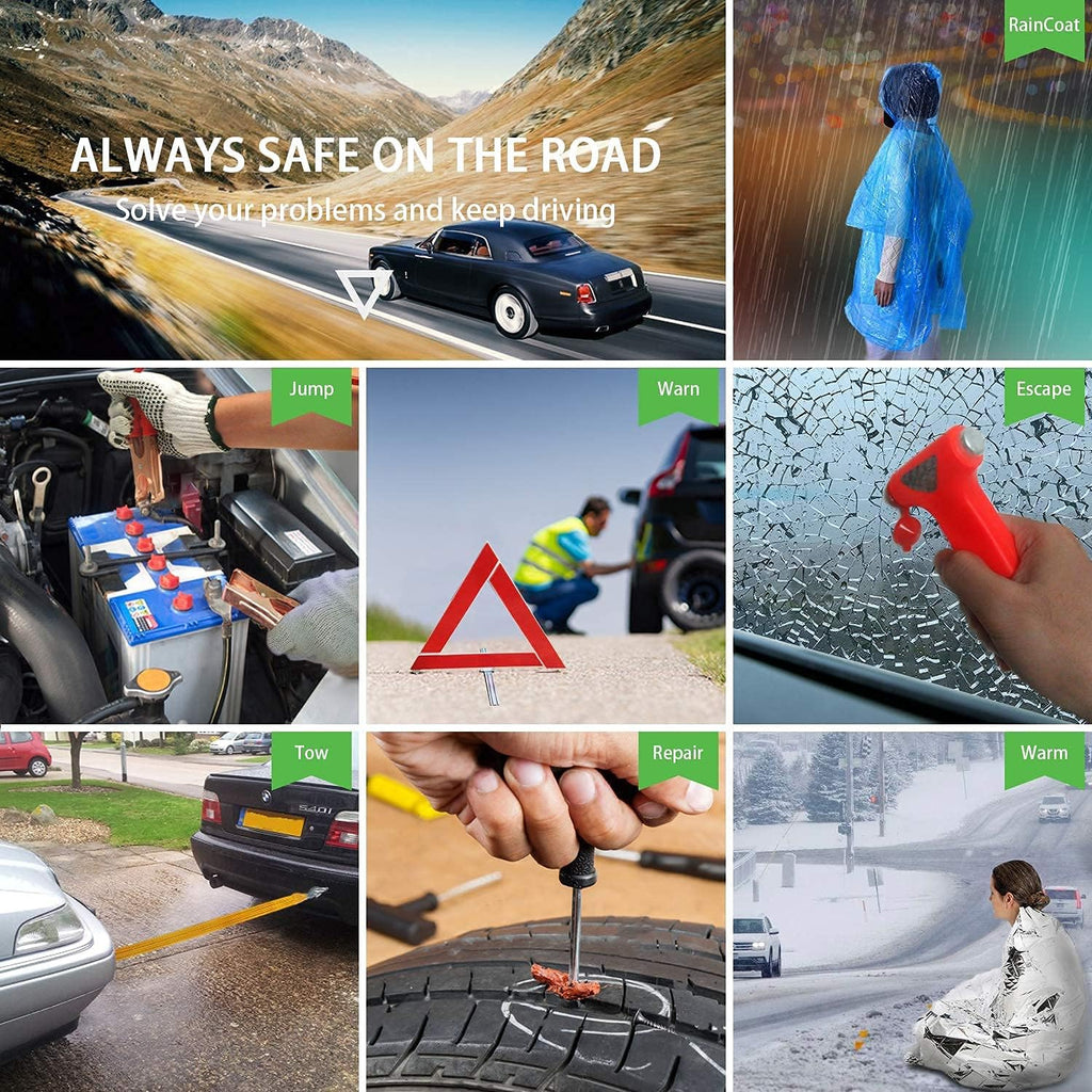 STDY Car Roadside Emergency Kit, Vehicle Truck Safety Road Side Assistance Kits Auto Accessory, with Jumper Cables, First Aid Kit, Tow Rope, Reflective Triangle, Tire Pressure Gauge, etc