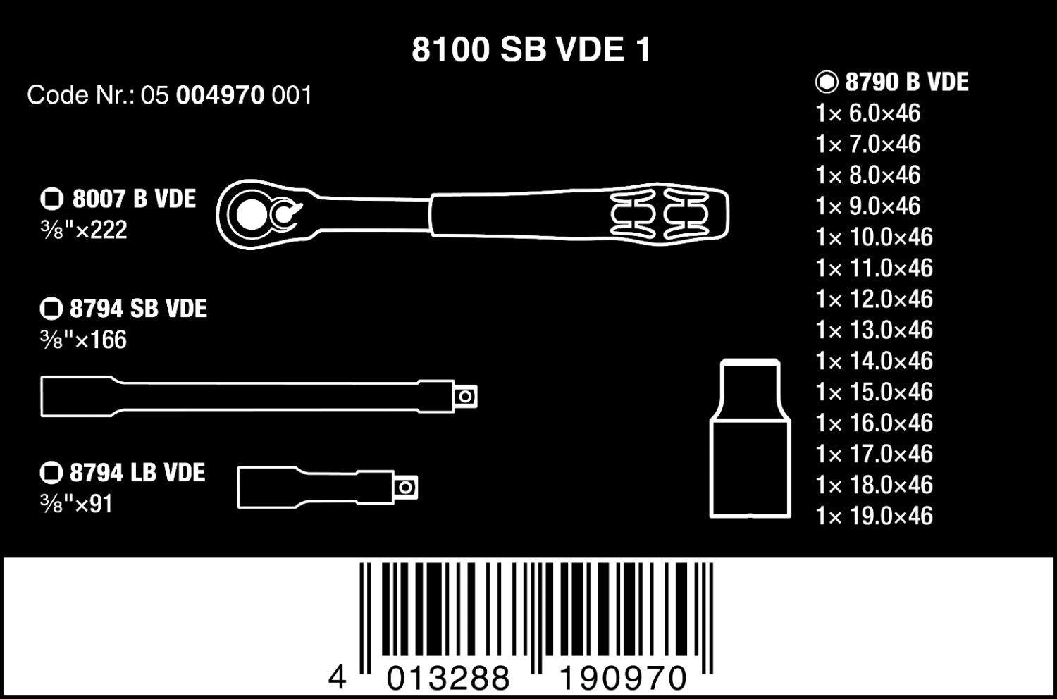 W05004970001 8100 SB VDE 1 Zyklop Ratchet Set, Insulated, 3/8", (Pack of 17)