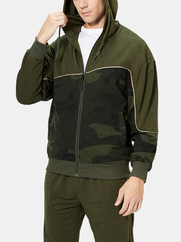 mens camo print patchwork zipper design drawstring hooded two pieces outfits