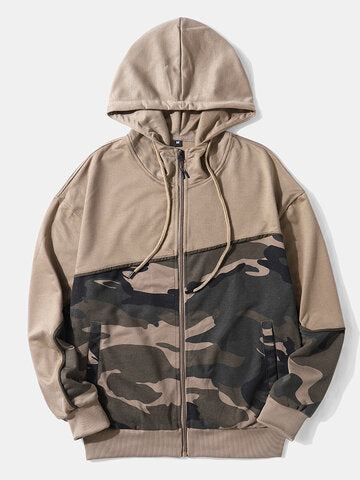 mens camo print patchwork zipper design drawstring hooded two pieces outfits