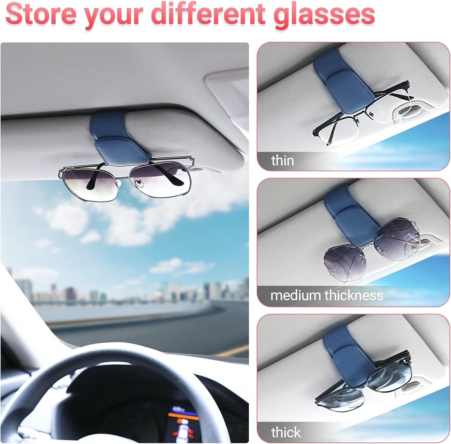 KanSmart Sunglass Holder for Car Visor Sunglasses Clip Magnetic Leather Glasses Eyeglass Holder Truck Car Interior Accessories Universal for Woman Man -Blue
