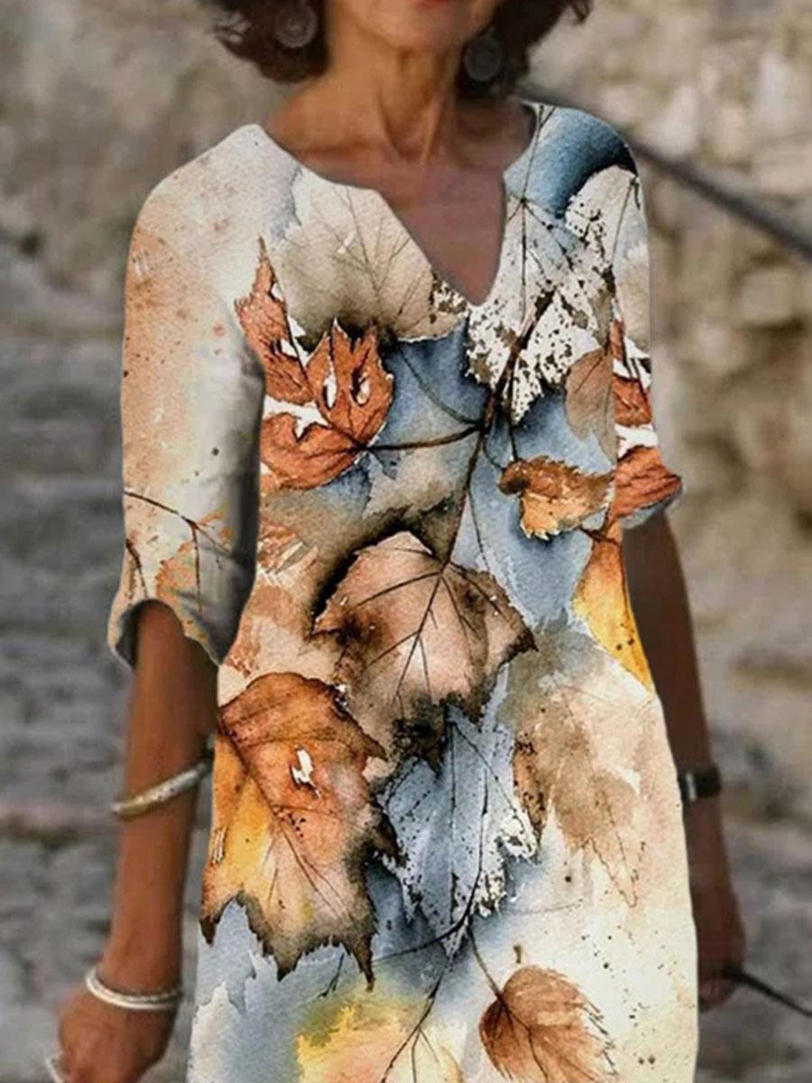 Fashion Leaf Print V-neck Long-sleeved Casual Shift Dress