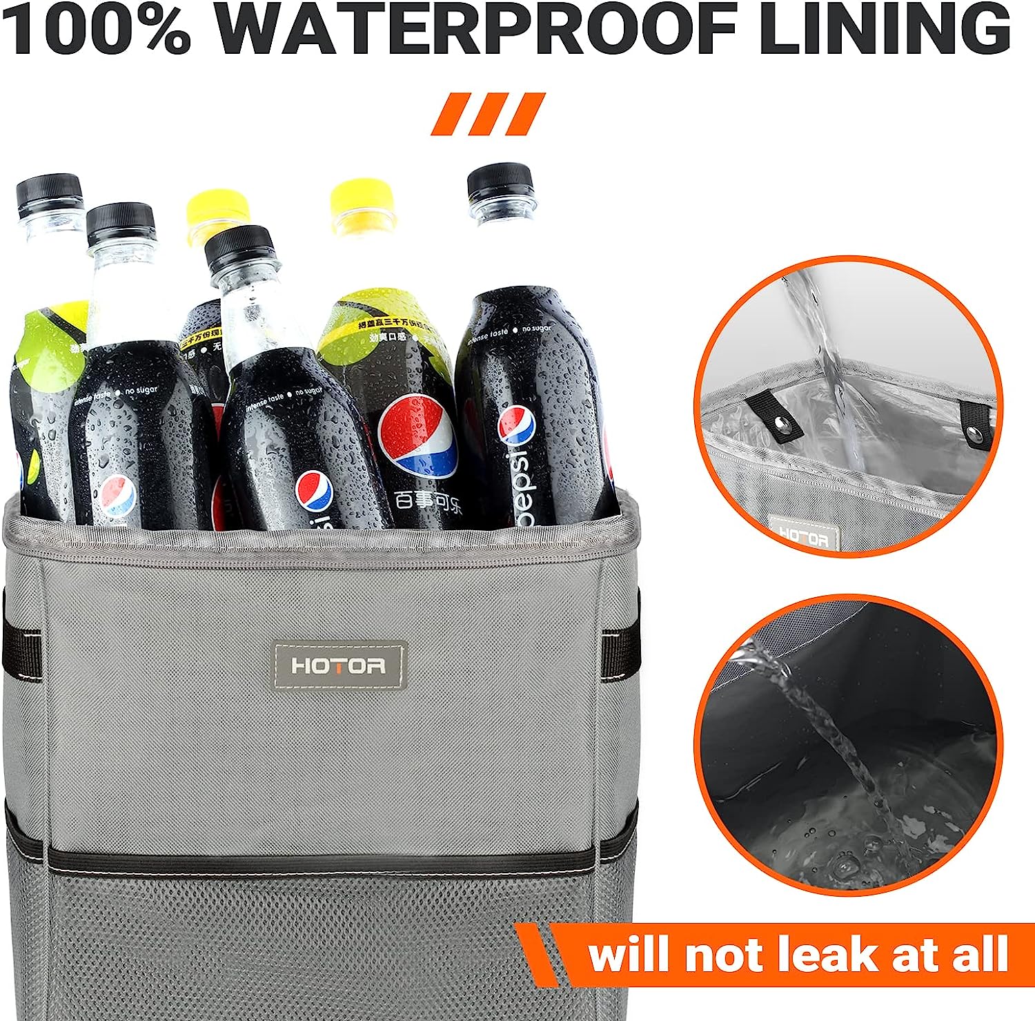 HOTOR Car Trash Can, 3-Gallon Ultra-Large Car Garbage Can, 100% Leakproof &amp; Waterproof Trash Can for Car, Multipurpose Car Trash Bin with Adjustable Straps, Magnetic Buckles, Mesh Pockets (Gray)
