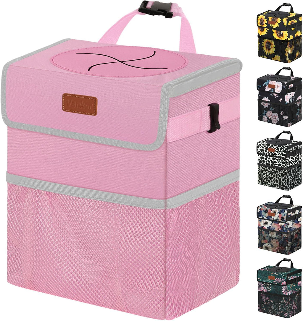 Vankor Car Trash Can for Car Cute, Car Trash Bag Bin Hanging Waterproof Automotive Car Garbage Cans Leak Proof Vehicle Trash Can Pink