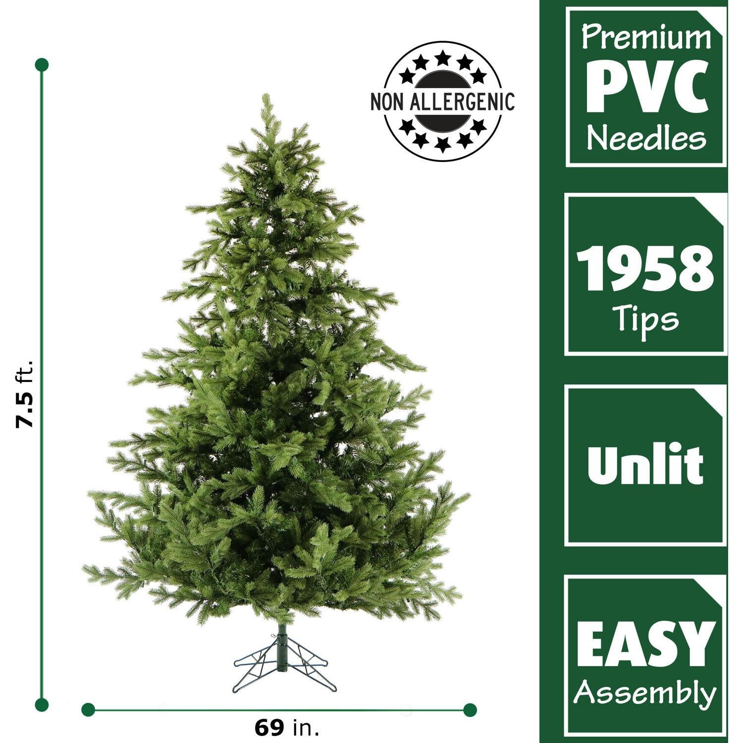 Fraser Hill Farm Green Unlit Pine Christmas Tree, 7.5'