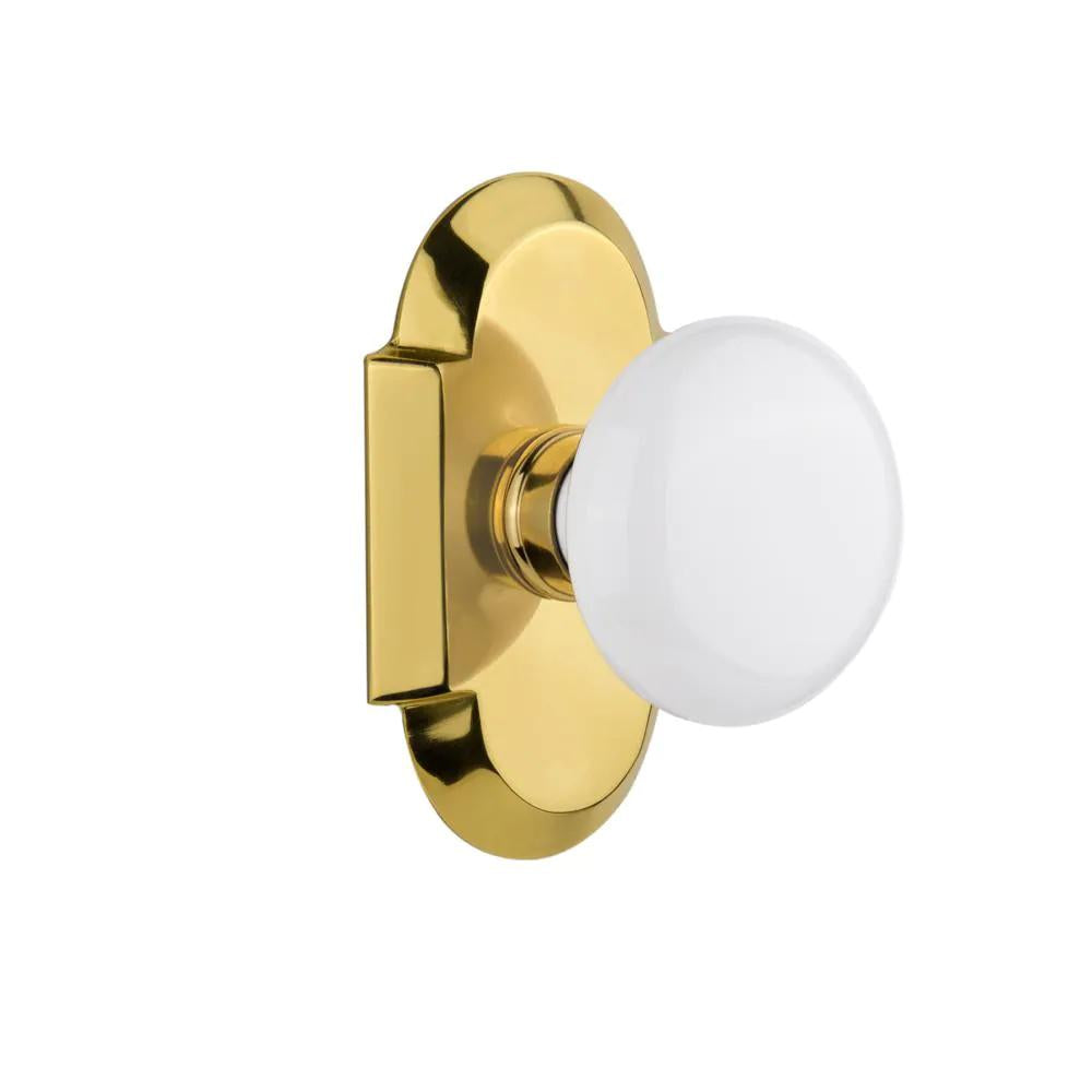 CottaPlate 2-3/8 in. Backset Polished Brass Privacy Bed/Bath White Porcelain Door Knob
