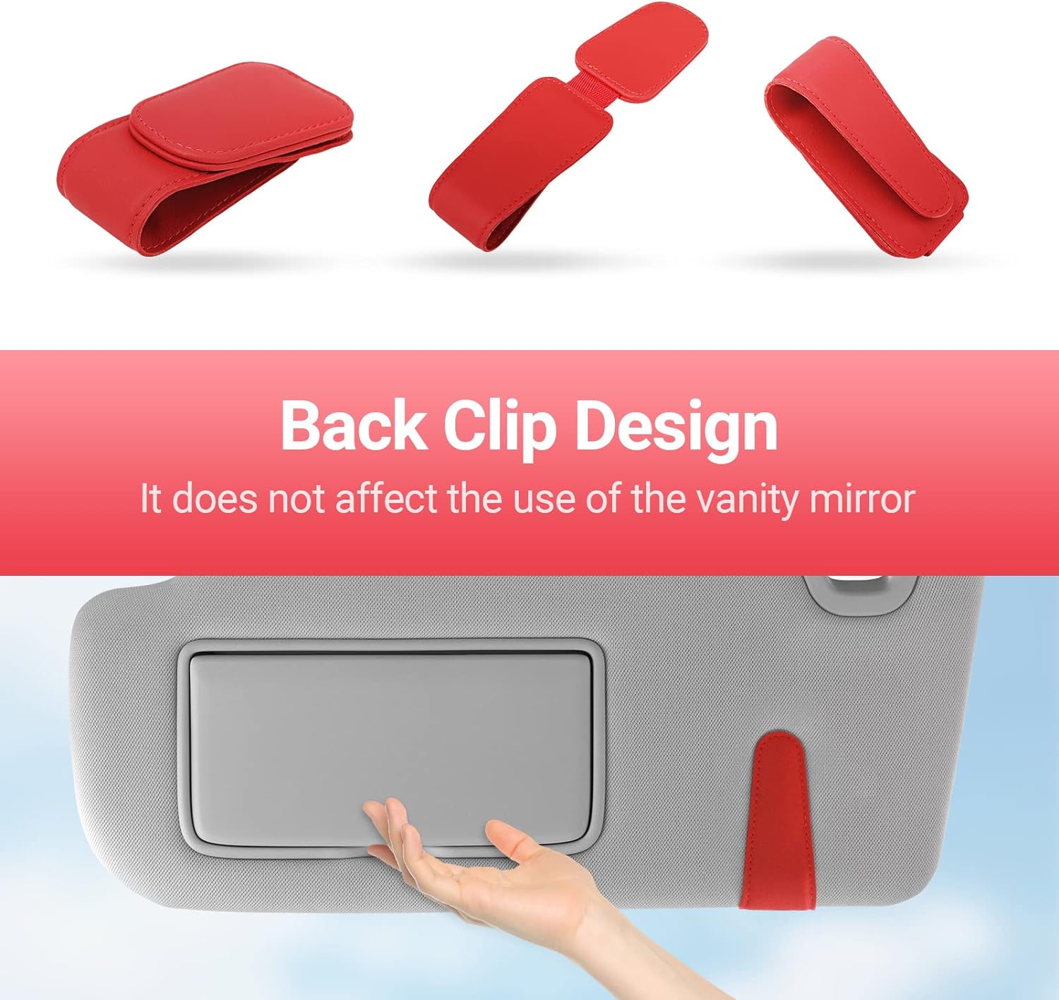 KanSmart Sunglass Holder for Car Visor Sunglasses Clip Magnetic Leather Glasses Eyeglass Holder Truck Car Interior Accessories Universal for Woman Man -Red