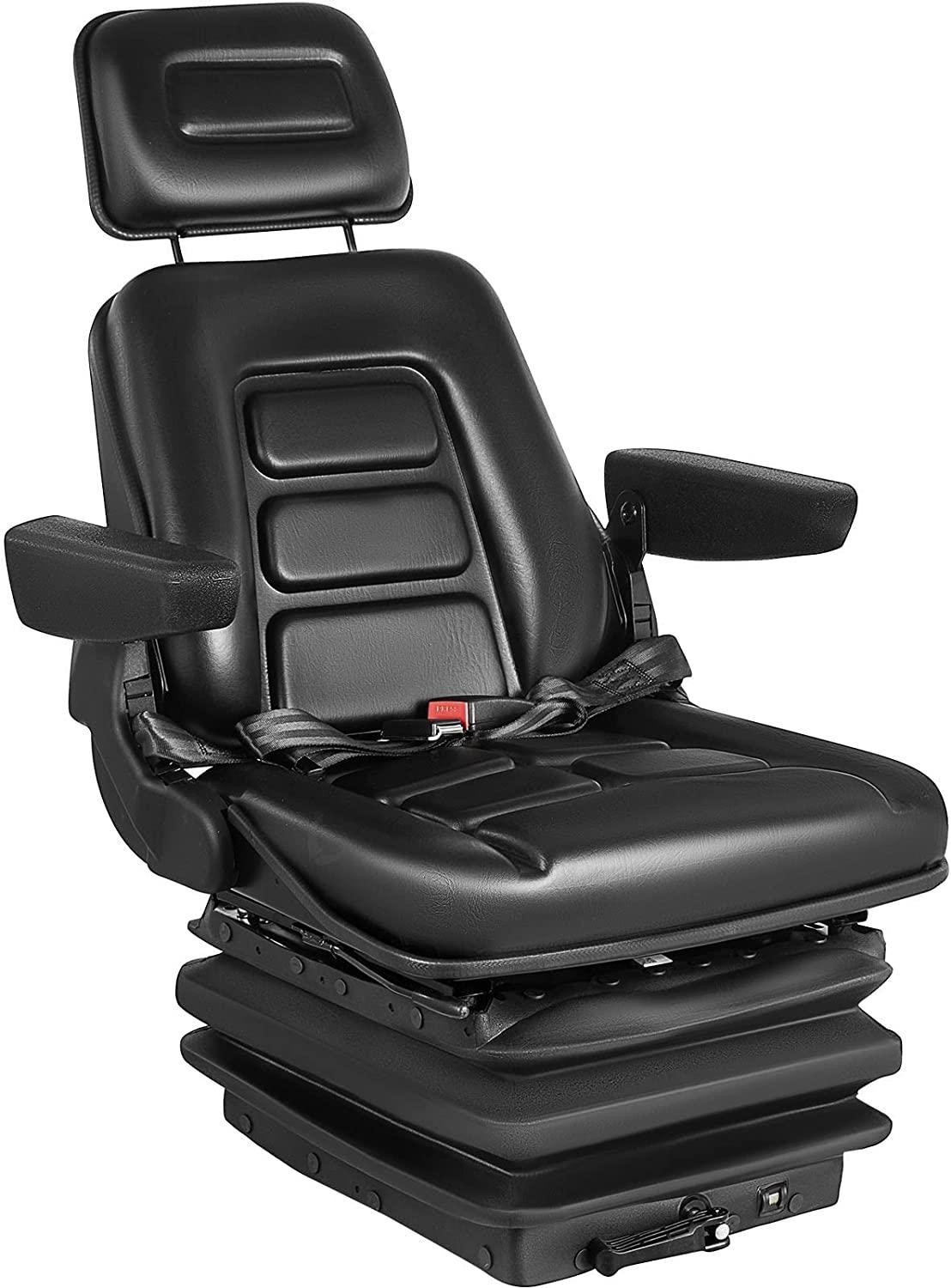 Suspension Seat Adjustable Backrest Headrest Armrest, Forklift Seat With Slide Rails, Foldable Heavy Duty for Tractor Forklift Excavator Skid Steer