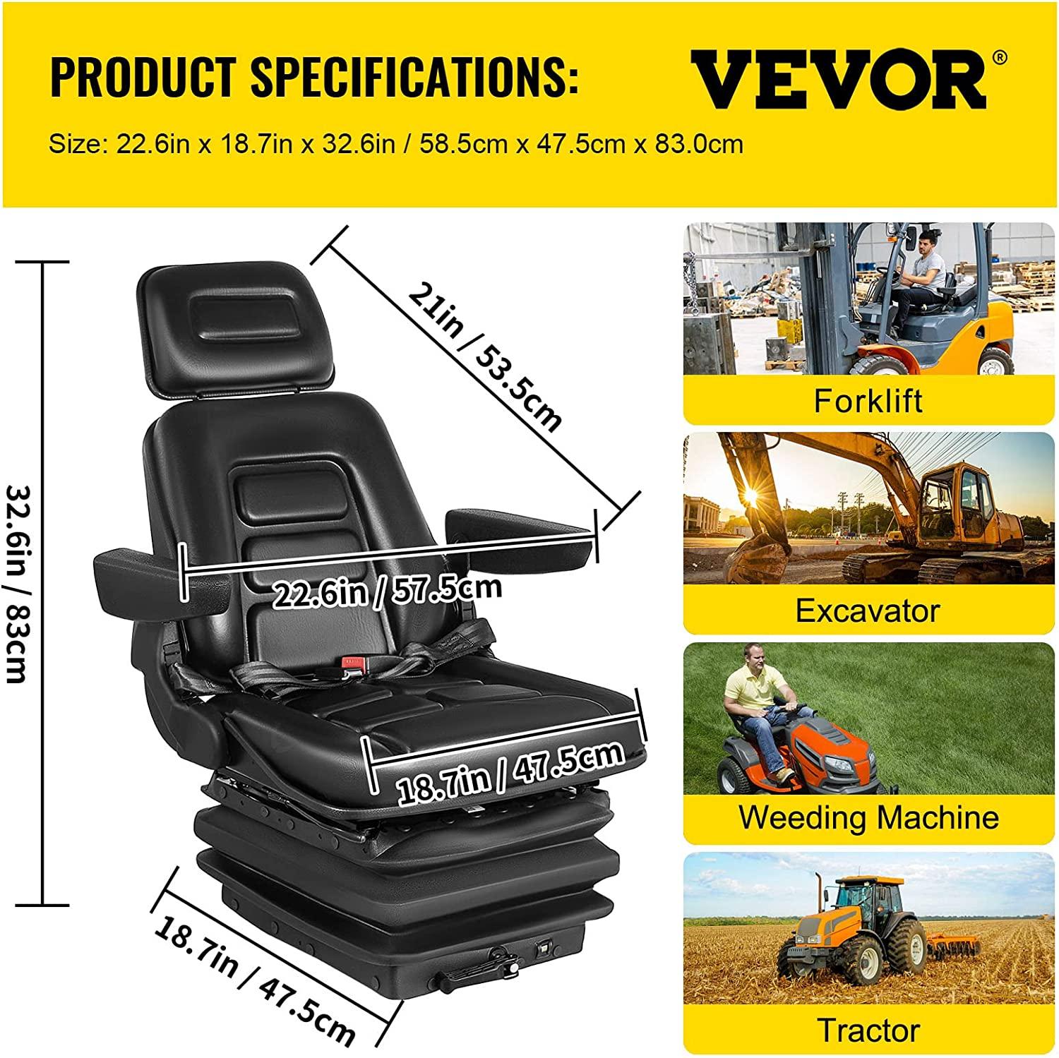 Suspension Seat Adjustable Backrest Headrest Armrest, Forklift Seat With Slide Rails, Foldable Heavy Duty for Tractor Forklift Excavator Skid Steer