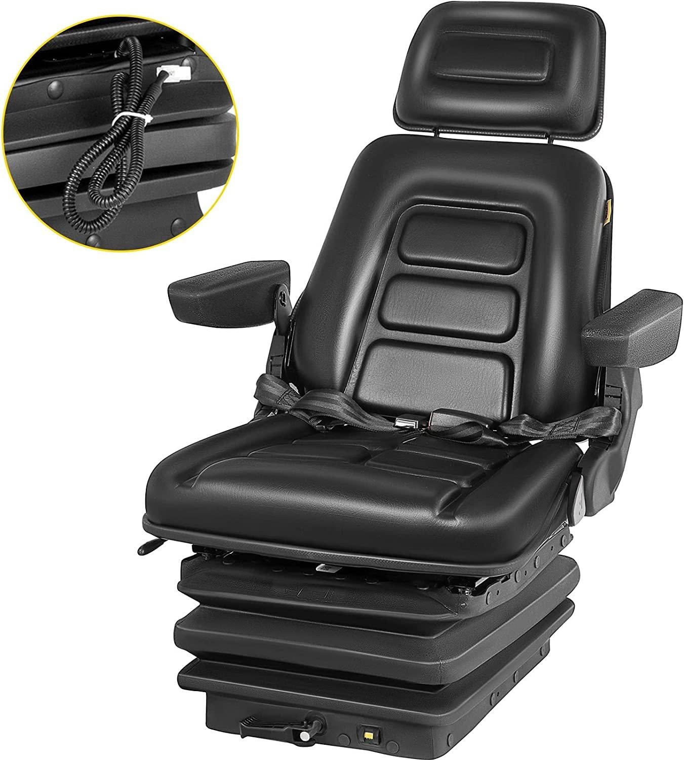 Suspension Seat Adjustable Backrest Headrest Armrest, Forklift Seat With Slide Rails, Foldable Heavy Duty for Tractor Forklift Excavator Skid Steer