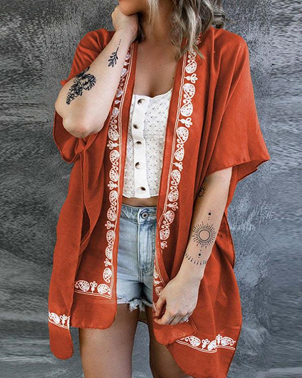 loose beach floral printed short sleeve cardigan